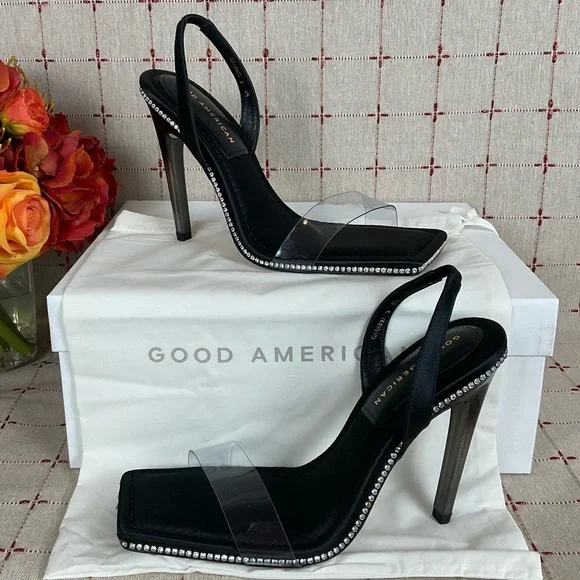 Good American Satin Strappy Heels Square Toe Sz 8.5 Black Satin & Rhinestones - Picture 1 of 7
